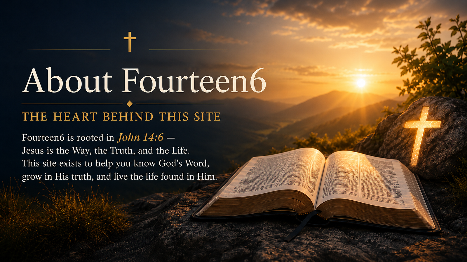 Featured image for the About Fourteen6 page with an open Bible, glowing cross, sunrise mountain scene, and text referencing John 14:6 as the heart behind the site.