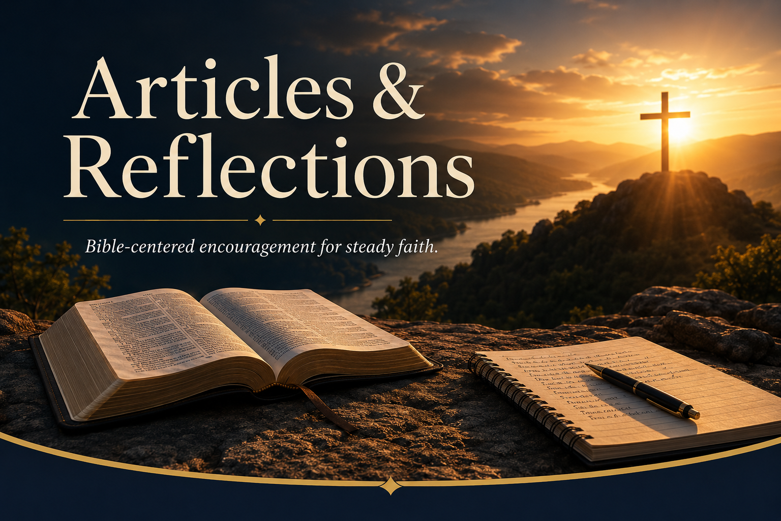 Featured image for the Articles & Reflections page showing an open Bible, notebook, sunrise landscape, glowing cross, and the words Articles & Reflections.