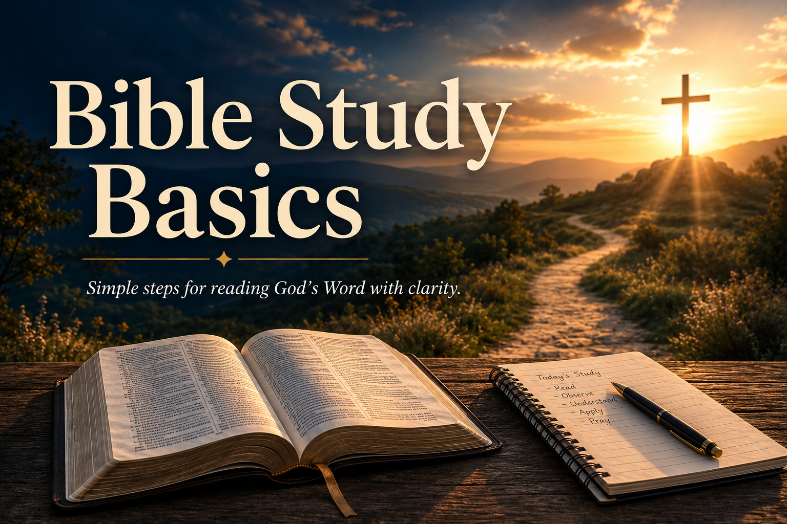 Featured image for the Bible Study Basics page showing an open Bible, notebook, sunrise path, glowing cross, and text that reads Bible Study Basics.