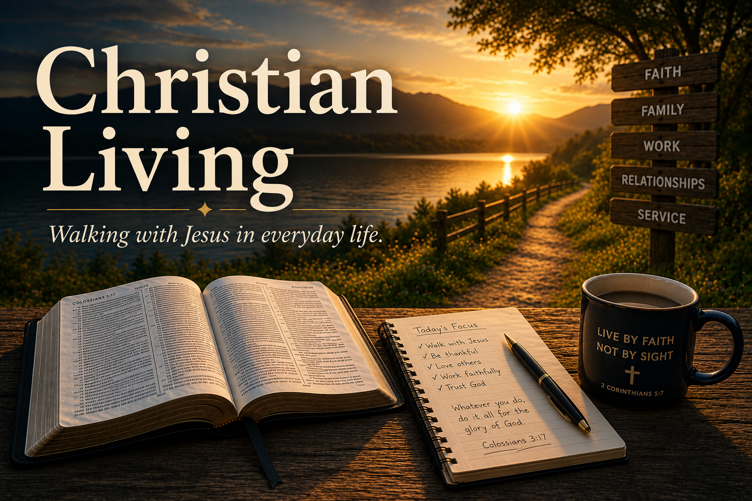 Featured image for the Christian Living page showing an open Bible, notebook, lakeside path, daily-life signpost, warm mug, and text that reads Christian Living.