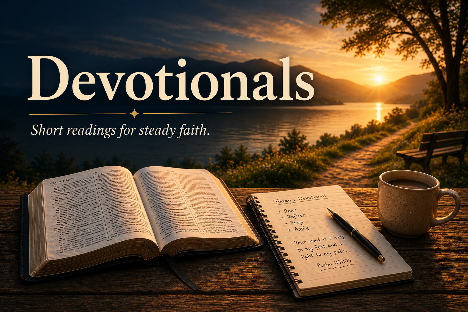 Featured image for the Devotionals page showing an open Bible, devotional notebook, peaceful lakeside sunrise, and text that reads Devotionals.