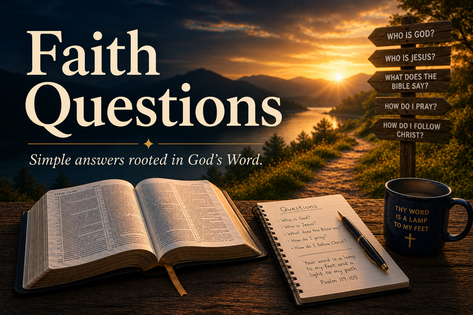 Featured image for the Faith Questions page showing an open Bible, notebook with questions, sunrise lake path, wooden question signpost, and text that reads Faith Questions.