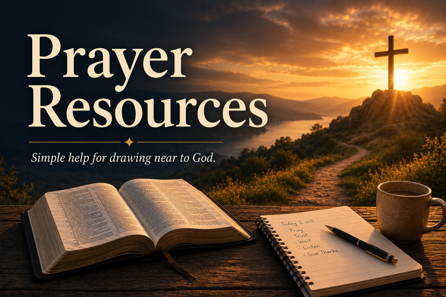 Featured image for the Prayer Resources page showing an open Bible, prayer notebook, sunrise valley, distant cross, and text that reads Prayer Resources.
