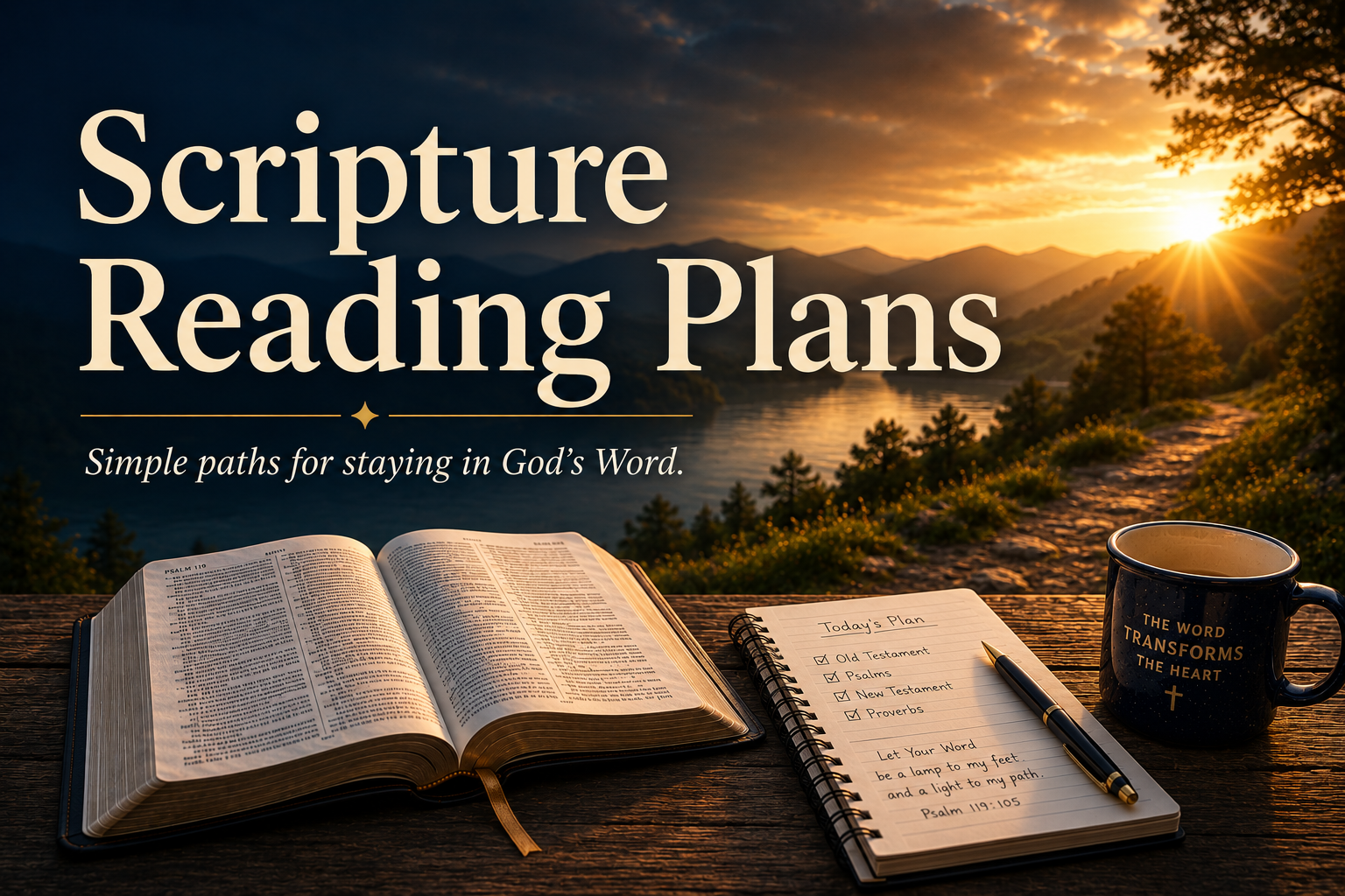 Featured image for the Scripture Reading Plans page showing an open Bible, reading plan notebook, sunrise lake path, and text that reads Scripture Reading Plans.