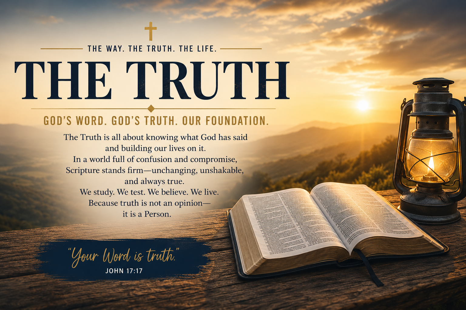 Featured image for the Fourteen6 “The Truth” page showing an open Bible and glowing lantern at sunset, with text about God’s Word, truth, and Scripture as the foundation.