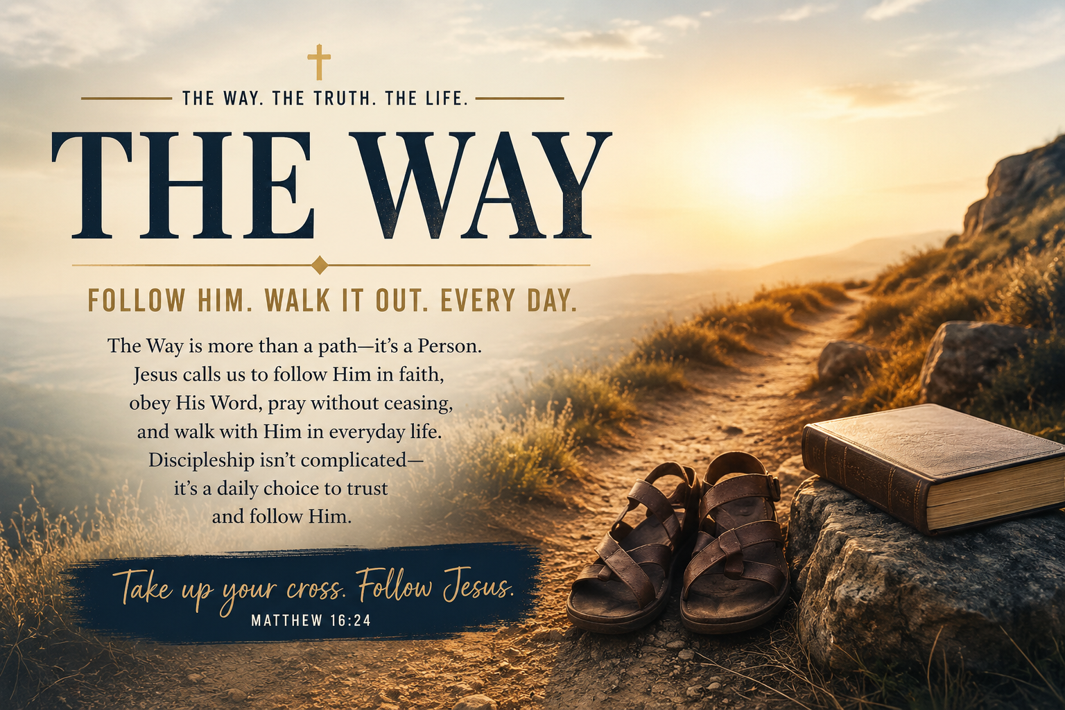 Featured image for the Fourteen6 “The Way” page showing a sunlit mountain path with sandals and a Bible beside the trail, with bold text about following Christ in daily life.