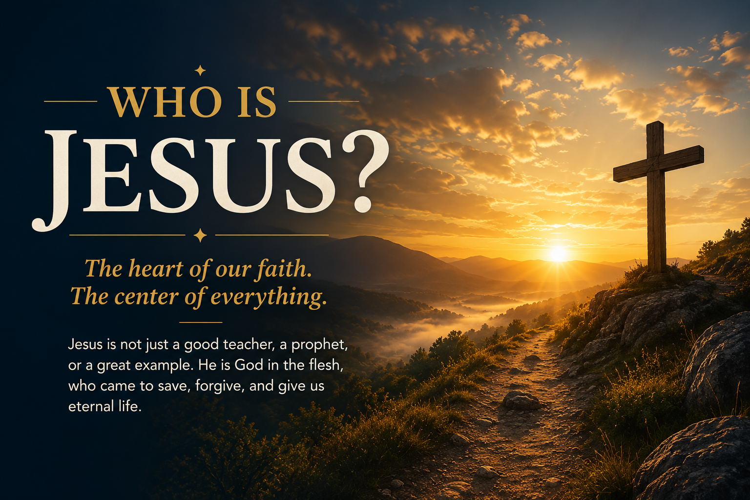 Featured image for the Who Is Jesus page showing a sunrise mountain path, a wooden cross on a rocky hill, and text that reads Who Is Jesus?