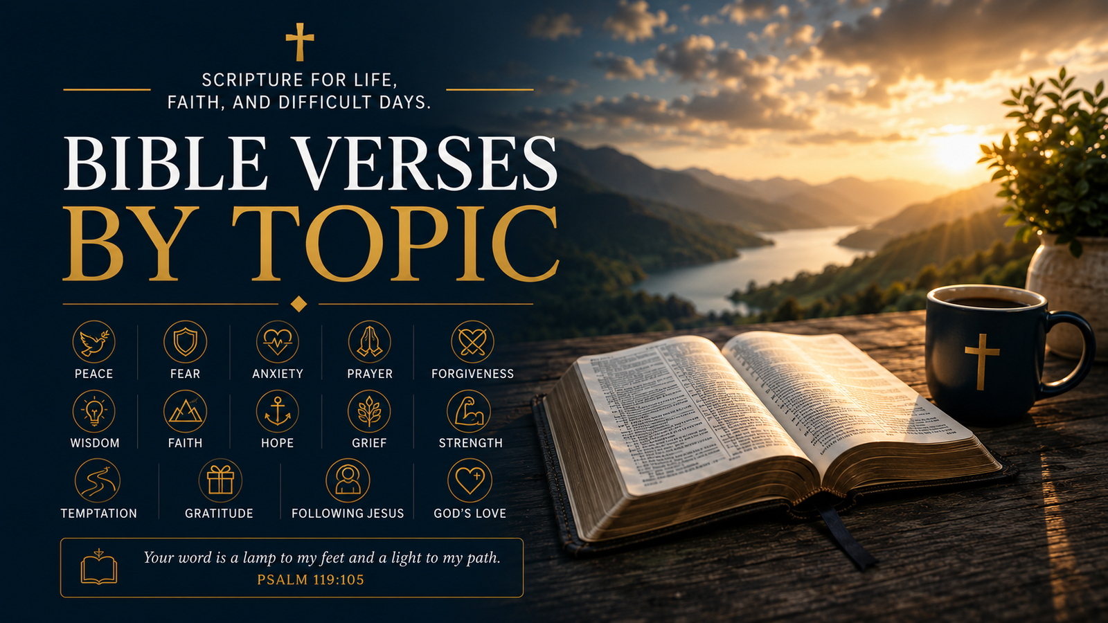 Featured image for the Bible Verses By Topic page showing an open Bible, warm sunrise landscape, mug, topic icons, and text that reads Bible Verses By Topic.