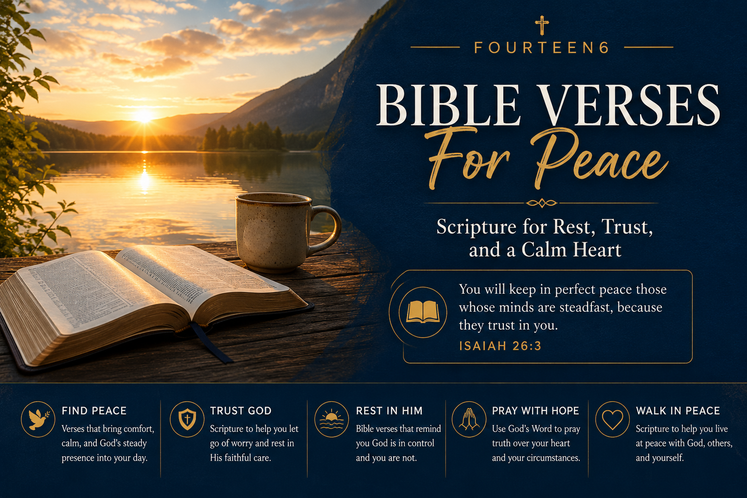 Featured image for the Bible Verses For Peace page showing an open Bible beside a calm lake at sunrise, a mug, peaceful gold accents, and text that reads Bible Verses For Peace.